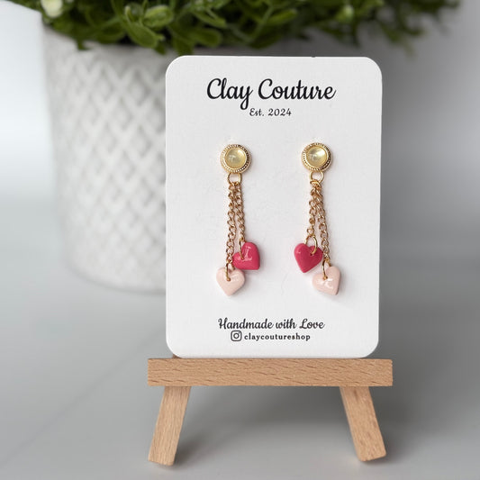Heart Drop Earrings – Handmade Blush Rose and Champagne Clay Hearts