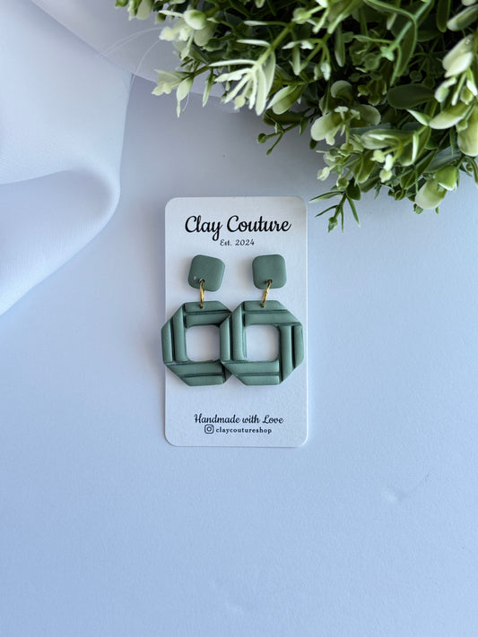 Geometric Square Cutout Polymer Clay Earrings | Lightweight Statement Dangles | Olive Green & Lavender | Handmade Jewelry