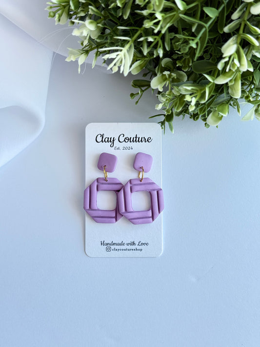 Geometric Square Cutout Polymer Clay Earrings | Lightweight Statement Dangles | Olive Green & Lavender | Handmade Jewelry