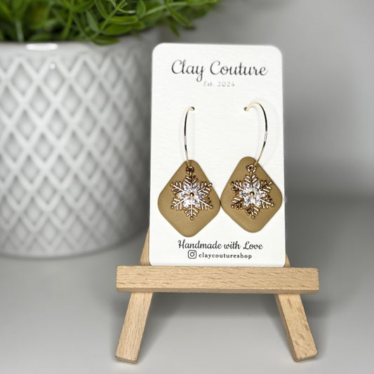 Polymer Clay Hoop Earrings with Snowflake Charm in Latte
