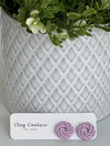 Mauve Polymer Clay knot earrings on a Clay Couture card with a potted plant in the background.